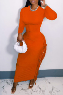 Tangerine Casual Solid Tassel Split Joint O Neck One Step Skirt Dresses