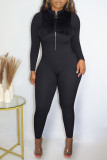 Black Casual Solid Patchwork Zipper Collar Regular Jumpsuits