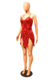 Red Fashion Sexy Patchwork Sequins V Neck Sling Dress