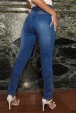 Deep Blue Fashion Casual Solid Slit Zipper Plus Size Jeans