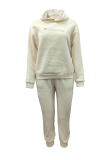 Cream White Casual Patchwork Zipper Hooded Collar Long Sleeve Two Pieces