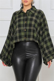 Green Fashion Casual Plaid Basic Turndown Collar Tops