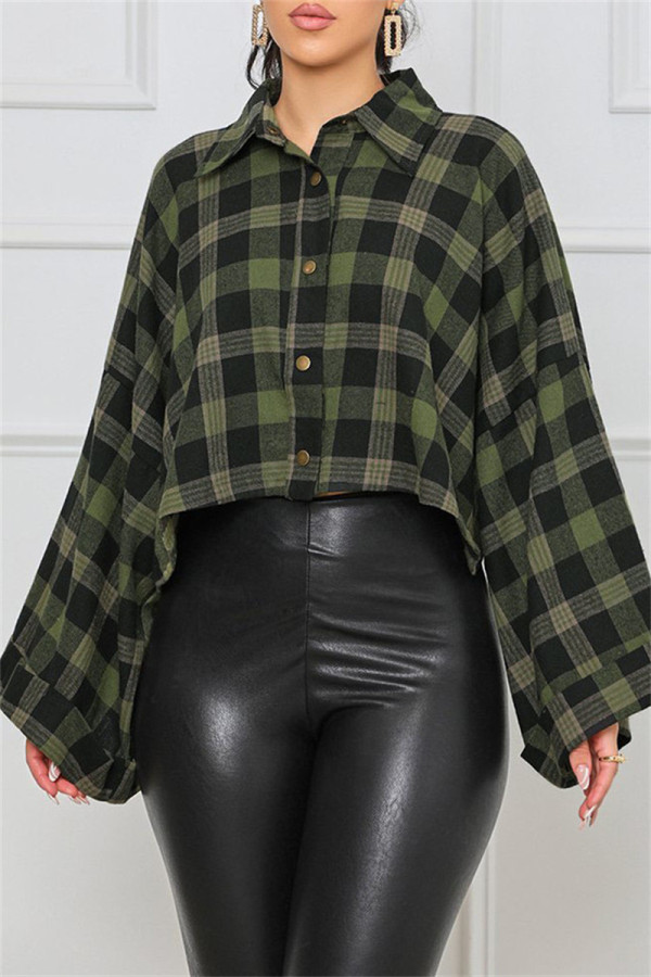 Green Fashion Casual Plaid Basic Turndown Collar Tops