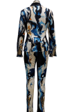 Blue Casual Print Patchwork Turndown Collar Long Sleeve Two Pieces