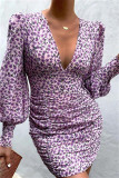 Light Blue Fashion Sexy Print Fold V Neck Long Sleeve Dresses