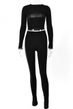 Black Sexy Casual Solid Bandage O Neck Long Sleeve Three-piece Set