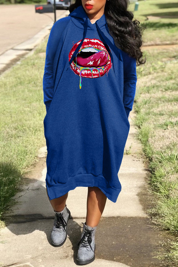 Blue Casual Street Print Patchwork Hooded Collar Long Sleeve Dresses