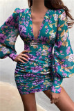 Light Blue Fashion Sexy Print Fold V Neck Long Sleeve Dresses