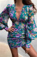 Dark Blue Fashion Sexy Print Fold V Neck Long Sleeve Dresses