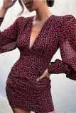 Light Blue Fashion Sexy Print Fold V Neck Long Sleeve Dresses