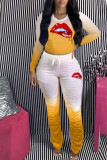 Red Casual Gradual Change Print Patchwork Fold O Neck Long Sleeve Two Pieces