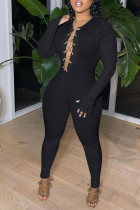 Black Sexy Solid Hollowed Out Split Joint Chains O Neck Regular Jumpsuits