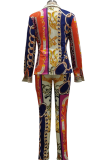 Blue Casual Print Patchwork Turndown Collar Long Sleeve Two Pieces