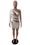 White Sexy Solid Hollowed Out Backless Oblique Collar Long Sleeve Dresses