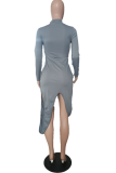 Grey Sexy Print Patchwork O Neck Irregular Dress Dresses