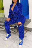 Blue Fashion Casual Patchwork Sequins Zipper Collar Two Pieces