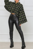 Green Fashion Casual Plaid Basic Turndown Collar Tops