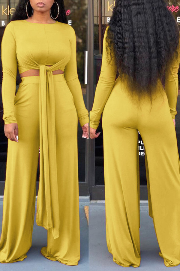 Yellow Casual Solid Bandage Patchwork O Neck Long Sleeve Two Pieces