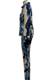 Blue Casual Print Patchwork Turndown Collar Long Sleeve Two Pieces
