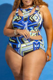 Multicolor Fashion Sexy Print Hollowed Out Split Joint O Neck Plus Size Swimwear