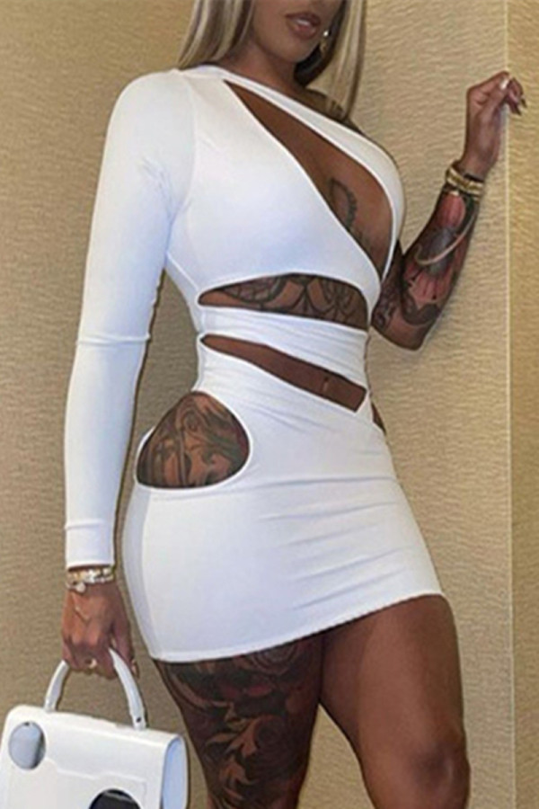 White Sexy Solid Hollowed Out Backless Oblique Collar Long Sleeve Dresses