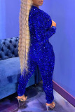 Blue Fashion Casual Patchwork Sequins Zipper Collar Two Pieces