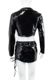 Black Fashion Sexy Solid Cardigan Turndown Collar Long Sleeve Two Pieces