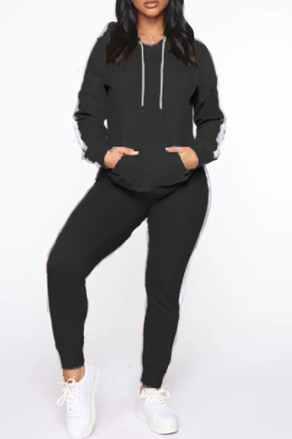 Black Fashion Casual Solid Patchwork Hooded Collar Long Sleeve Two Pieces