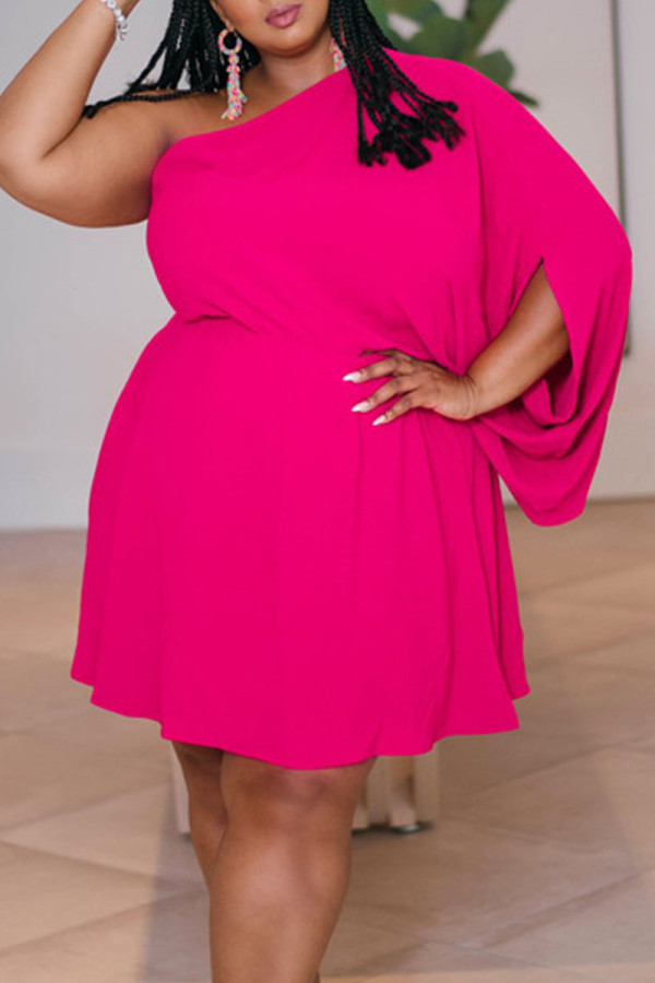 Pink Sexy Solid Split Joint Asymmetrical Oblique Collar Straight Plus Size Dresses