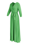 Green Fashion Casual Solid Bandage V Neck Long Sleeve Dresses