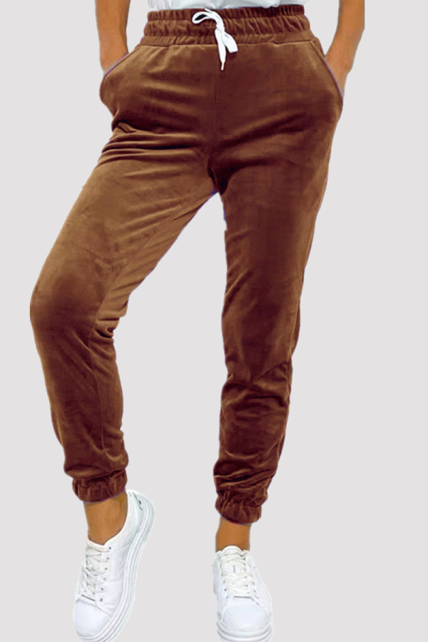 Khaki Fashion Casual Solid Basic Regular High Waist Conventional Solid Color Bottoms