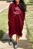 Red Casual Street Print Patchwork Hooded Collar Long Sleeve Dresses