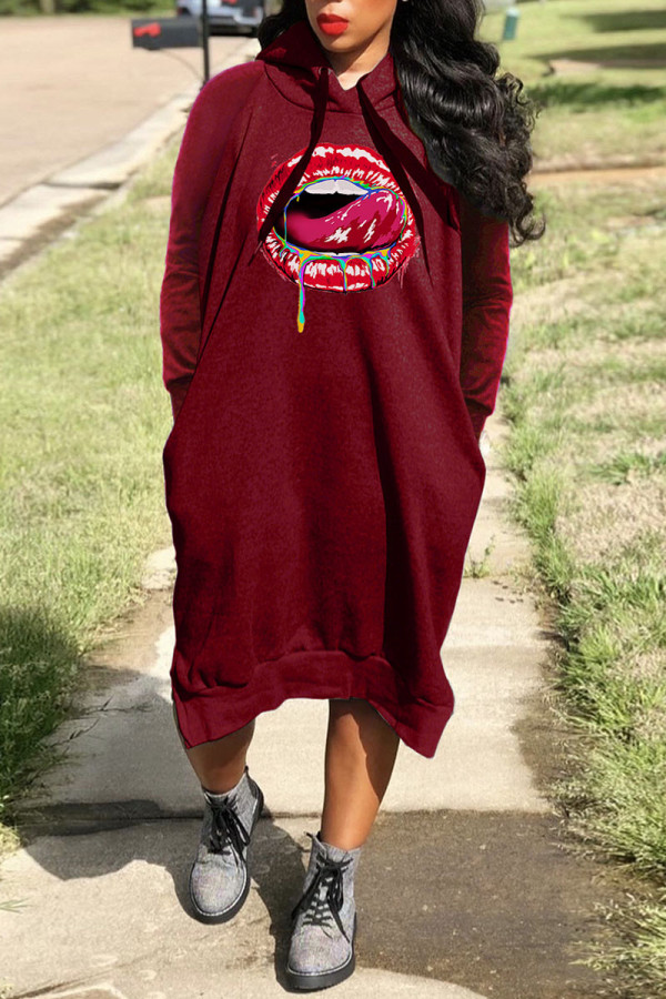Burgundy Casual Street Print Patchwork Hooded Collar Long Sleeve Dresses
