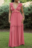 Watermelon Red Sexy Casual Solid Hollowed Out Patchwork V Neck Long Dress