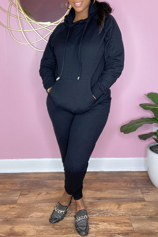 Black Fashion Casual Solid Basic Hooded Collar Long Sleeve Two Pieces