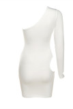 White Sexy Solid Hollowed Out Backless Oblique Collar Long Sleeve Dresses