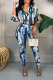 Blue Casual Print Patchwork Turndown Collar Long Sleeve Two Pieces