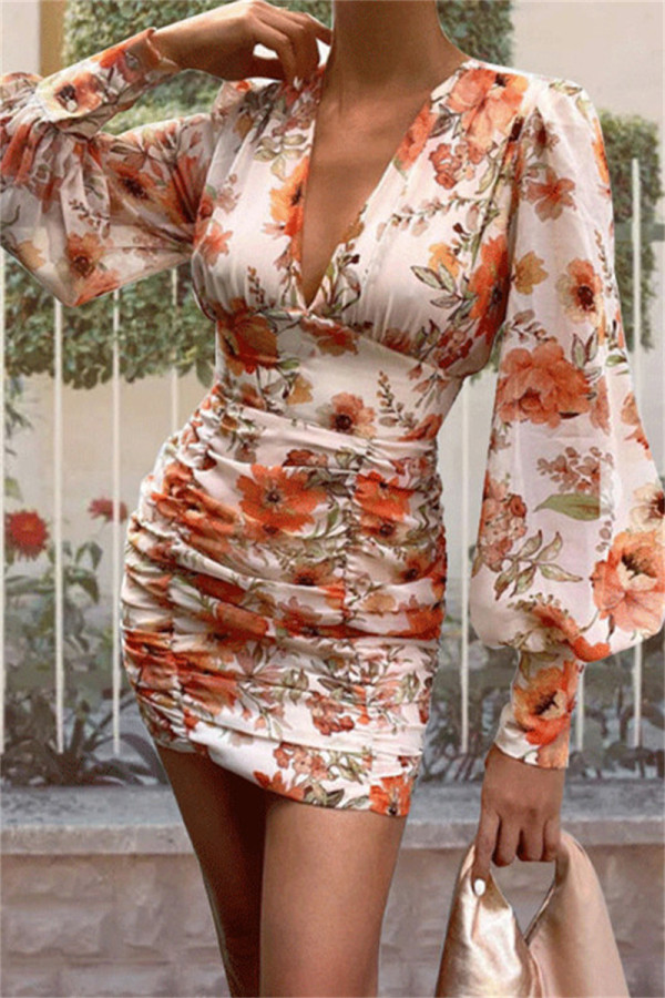 Orange Fashion Sexy Print Fold V Neck Long Sleeve Dresses