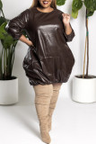 Brown Fashion Casual Solid Basic O Neck Long Sleeve Plus Size Dresses