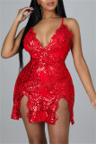 Red Fashion Sexy Patchwork Sequins V Neck Sling Dress