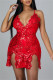 Red Fashion Sexy Patchwork Sequins V Neck Sling Dress