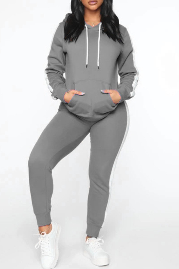 Grey Fashion Casual Solid Patchwork Hooded Collar Long Sleeve Two Pieces