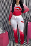 Red Casual Gradual Change Print Patchwork Fold O Neck Long Sleeve Two Pieces