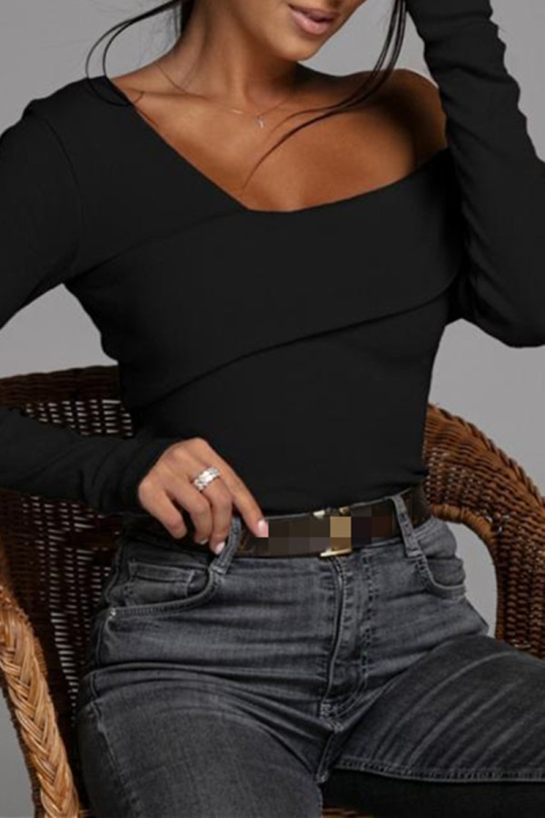 Black Fashion Casual Solid Patchwork Off the Shoulder Tops