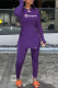 Purple Fashion Street Print Patchwork Slit O Neck Long Sleeve Two Pieces