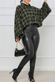 Green Fashion Casual Plaid Basic Turndown Collar Tops