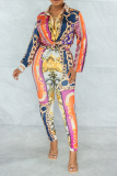 Blue Casual Print Patchwork Turndown Collar Long Sleeve Two Pieces