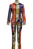 Blue Casual Print Patchwork Turndown Collar Long Sleeve Two Pieces