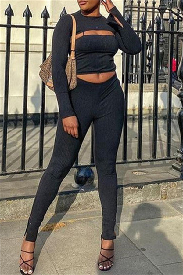 Black Sexy Casual Solid Bandage O Neck Long Sleeve Three-piece Set