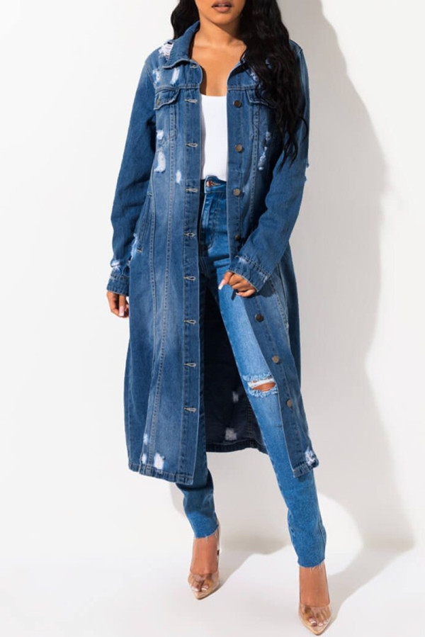 Blue Fashion Casual Solid Ripped Turndown Collar Long Sleeve Regular Denim Jacket